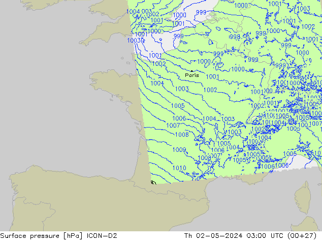 Surface pressure ICON-D2 Th 02.05.2024 03 UTC