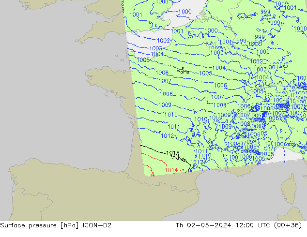 Atmosférický tlak ICON-D2 Čt 02.05.2024 12 UTC