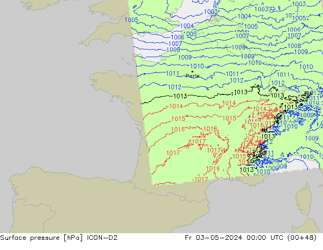 Surface pressure ICON-D2 Fr 03.05.2024 00 UTC