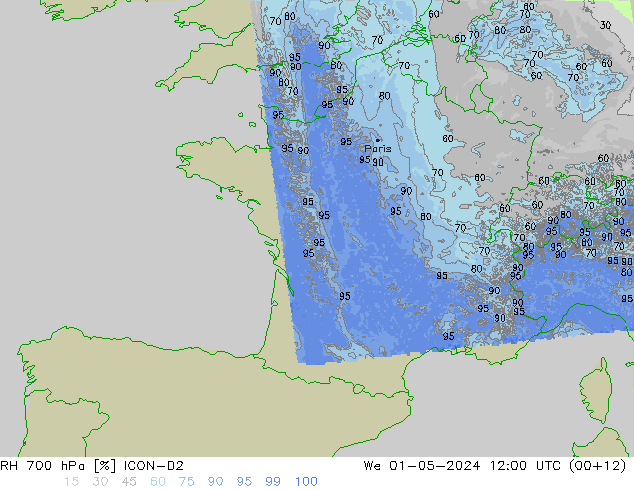 RH 700 hPa ICON-D2 mer 01.05.2024 12 UTC