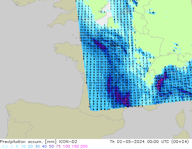 Precipitation accum. ICON-D2 Th 02.05.2024 00 UTC