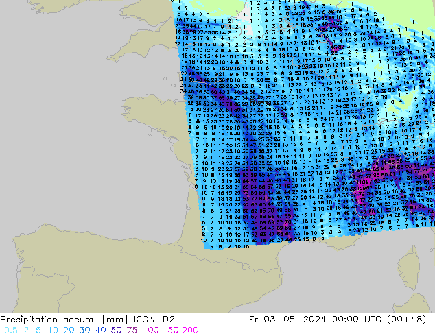 Precipitation accum. ICON-D2 Fr 03.05.2024 00 UTC