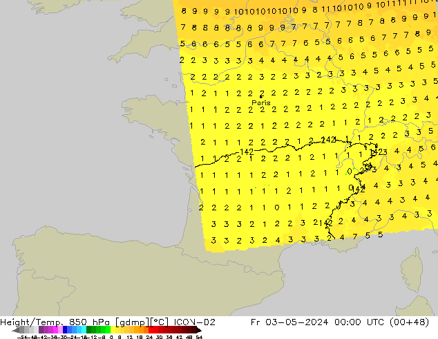 Géop./Temp. 850 hPa ICON-D2 ven 03.05.2024 00 UTC