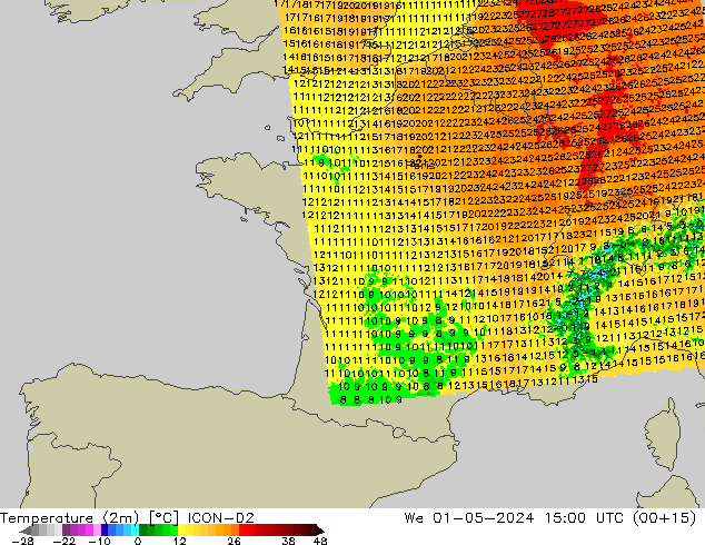 Temperature (2m) ICON-D2 We 01.05.2024 15 UTC