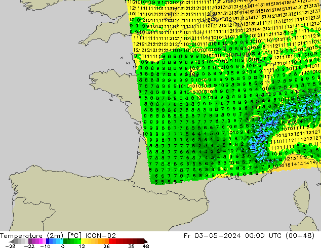 Temperature (2m) ICON-D2 Fr 03.05.2024 00 UTC