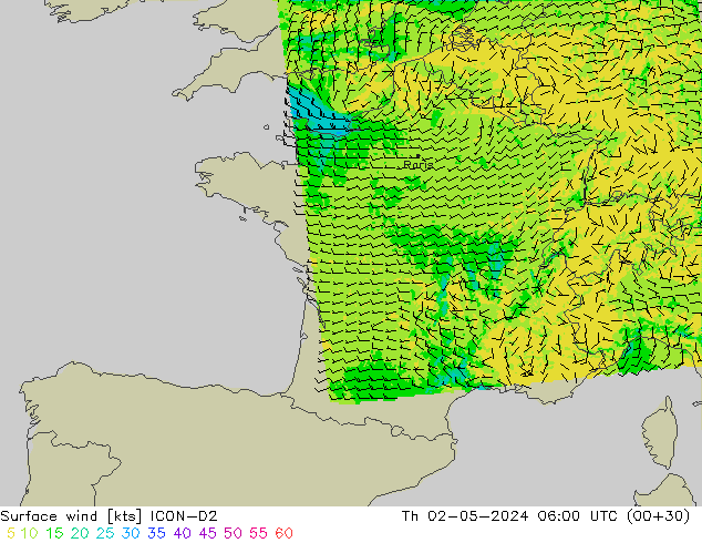 Surface wind ICON-D2 Th 02.05.2024 06 UTC