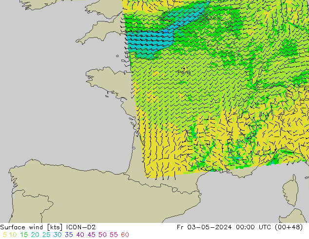 Surface wind ICON-D2 Fr 03.05.2024 00 UTC