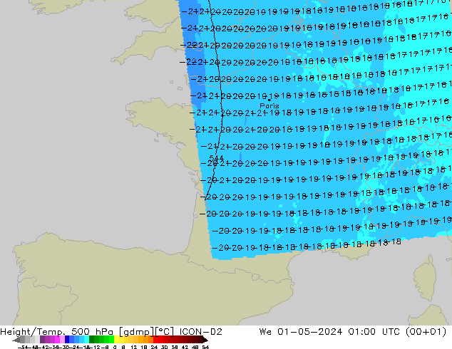 Geop./Temp. 500 hPa ICON-D2 mié 01.05.2024 01 UTC