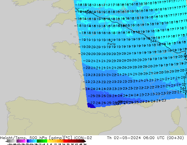 Height/Temp. 500 hPa ICON-D2 Čt 02.05.2024 06 UTC