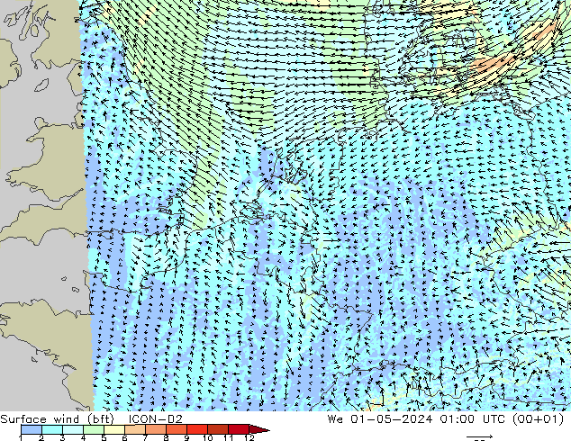 Surface wind (bft) ICON-D2 St 01.05.2024 01 UTC