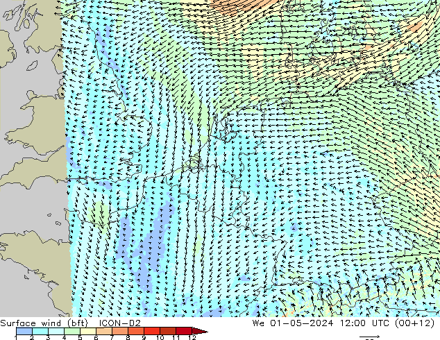 Surface wind (bft) ICON-D2 We 01.05.2024 12 UTC