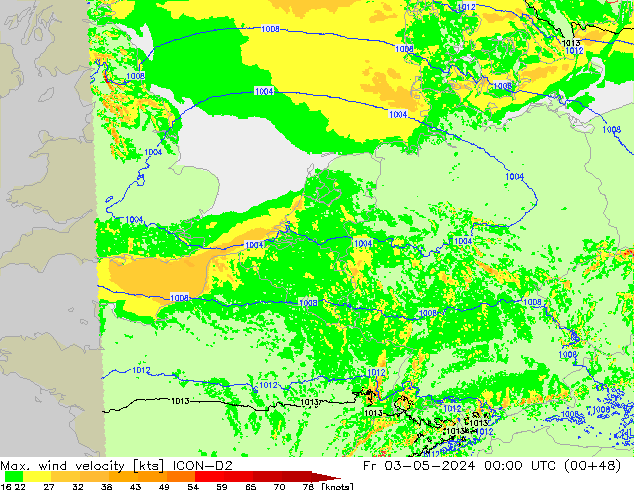 Max. wind velocity ICON-D2 Fr 03.05.2024 00 UTC