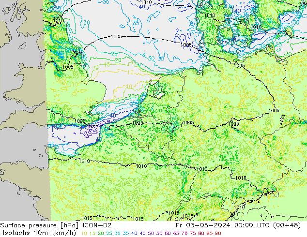 Isotaca (kph) ICON-D2 vie 03.05.2024 00 UTC