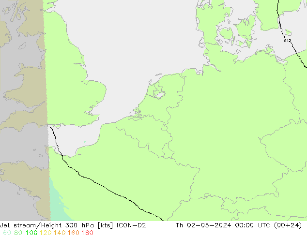 Jet stream/Height 300 hPa ICON-D2 Th 02.05.2024 00 UTC