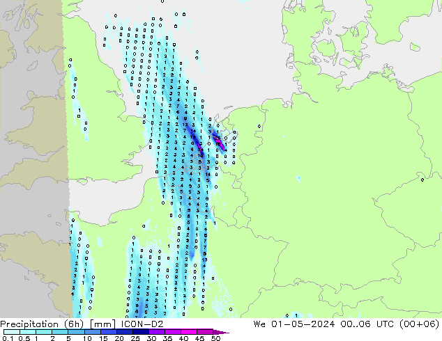 Precipitation (6h) ICON-D2 We 01.05.2024 06 UTC