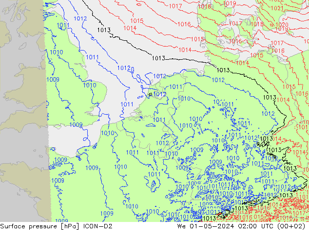 Surface pressure ICON-D2 We 01.05.2024 02 UTC