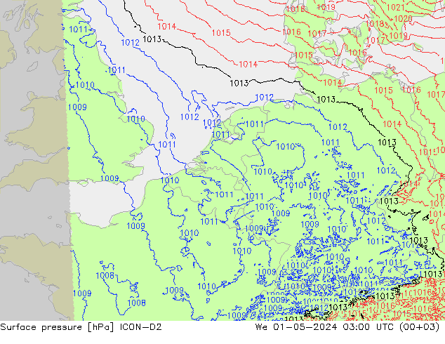 Surface pressure ICON-D2 We 01.05.2024 03 UTC