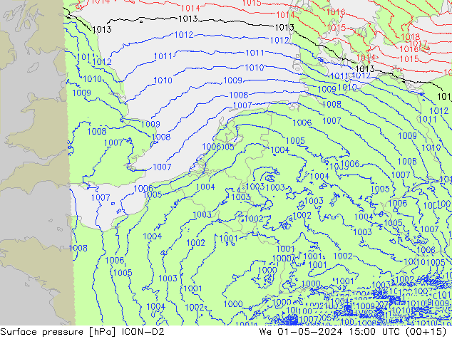 Atmosférický tlak ICON-D2 St 01.05.2024 15 UTC