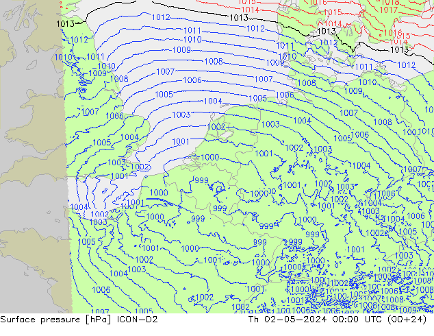 Pressione al suolo ICON-D2 gio 02.05.2024 00 UTC