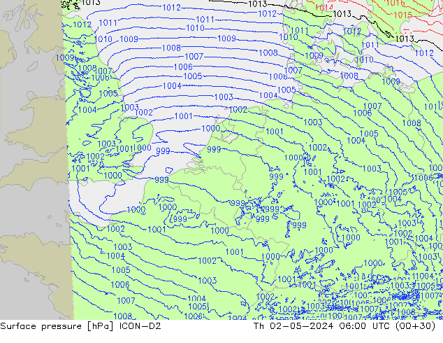 Surface pressure ICON-D2 Th 02.05.2024 06 UTC