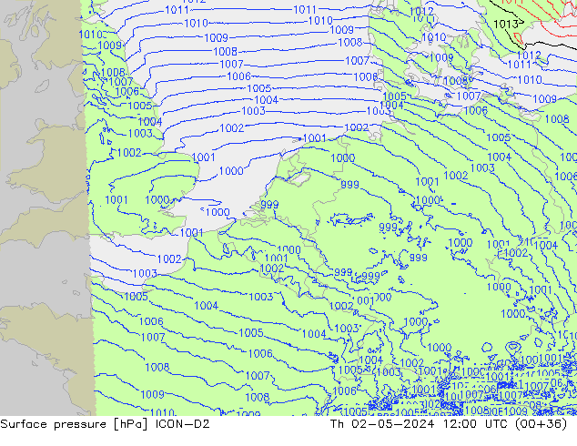 Surface pressure ICON-D2 Th 02.05.2024 12 UTC