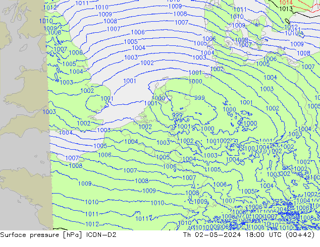 Surface pressure ICON-D2 Th 02.05.2024 18 UTC