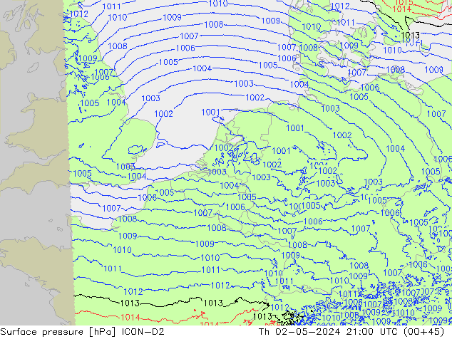 Surface pressure ICON-D2 Th 02.05.2024 21 UTC