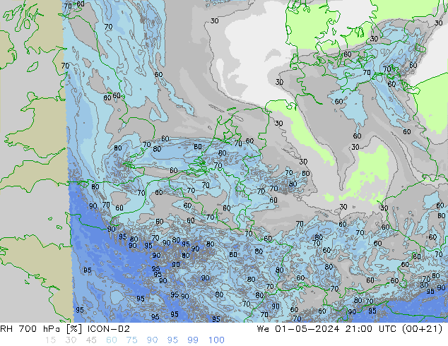 RH 700 hPa ICON-D2 Mi 01.05.2024 21 UTC