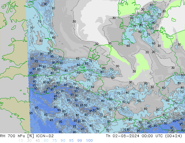 RH 700 hPa ICON-D2 gio 02.05.2024 00 UTC