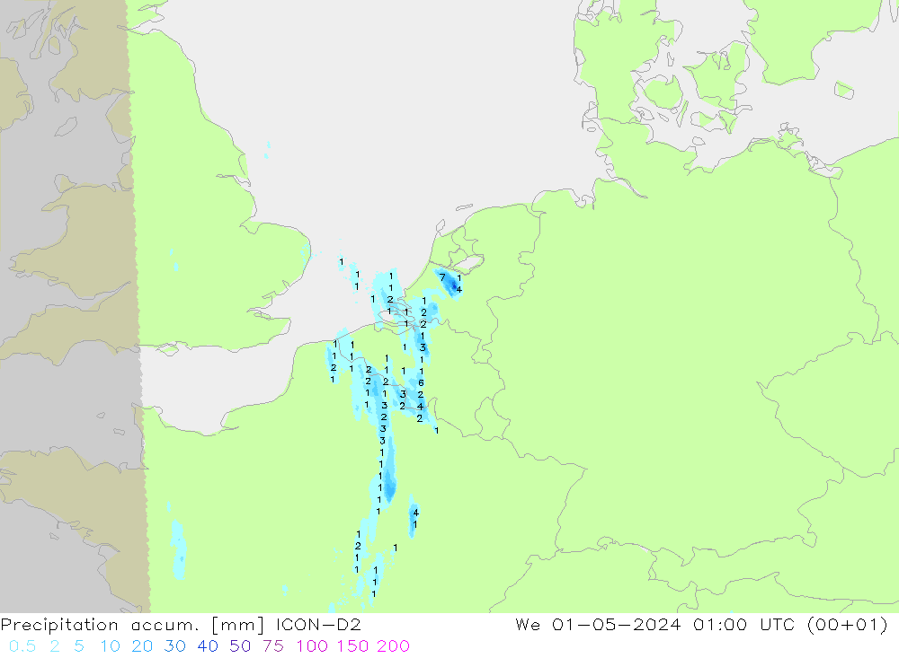 Precipitation accum. ICON-D2 We 01.05.2024 01 UTC