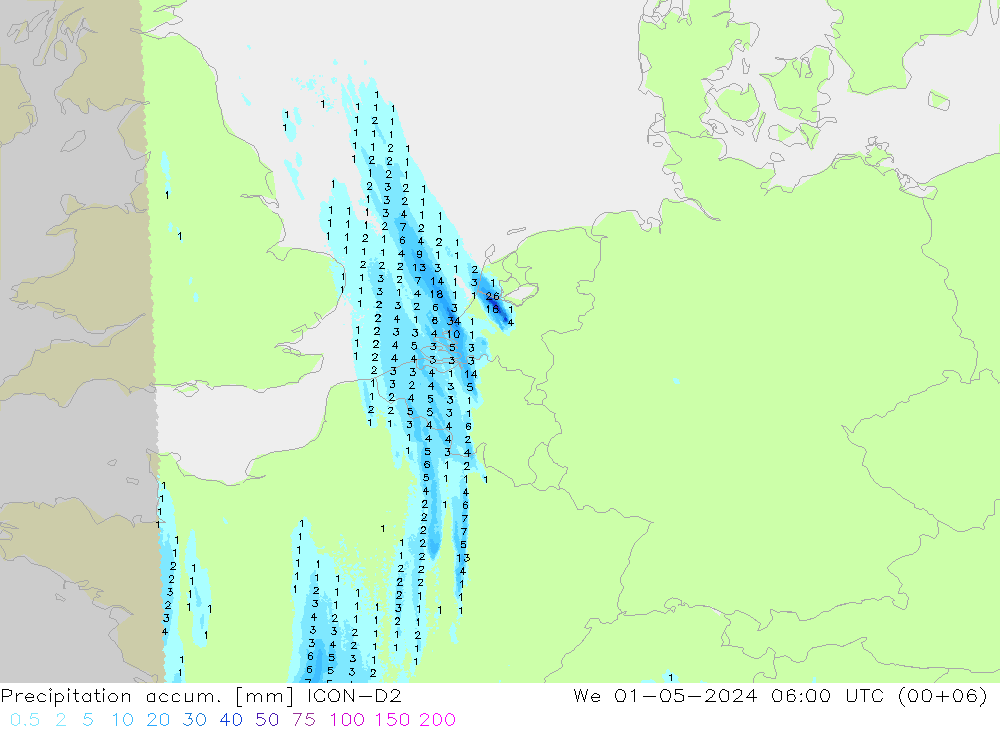 Precipitation accum. ICON-D2 We 01.05.2024 06 UTC