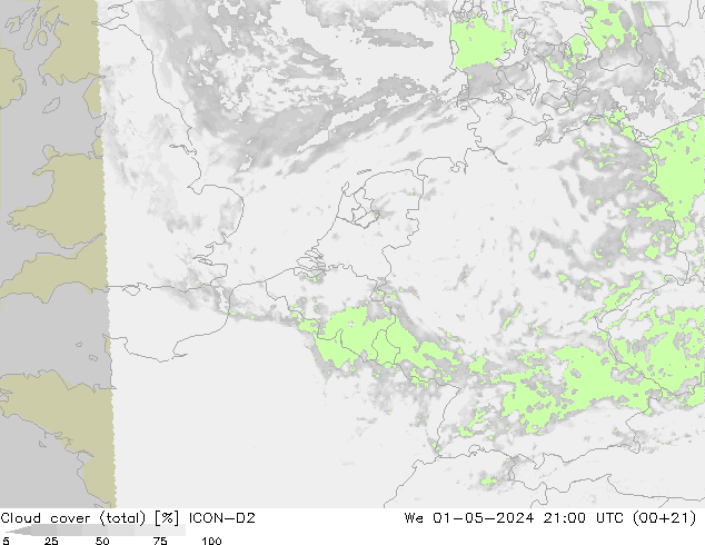 Wolken (gesamt) ICON-D2 Mi 01.05.2024 21 UTC