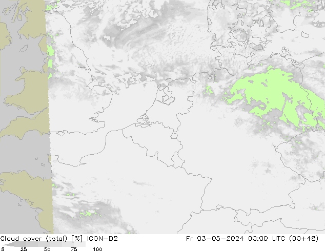 Cloud cover (total) ICON-D2 Fr 03.05.2024 00 UTC