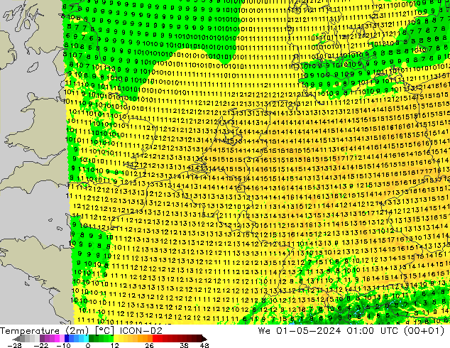 Temperature (2m) ICON-D2 We 01.05.2024 01 UTC