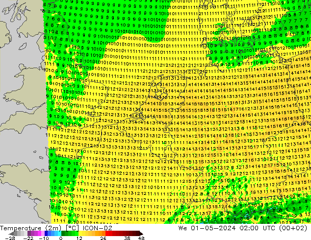 Temperaturkarte (2m) ICON-D2 Mi 01.05.2024 02 UTC