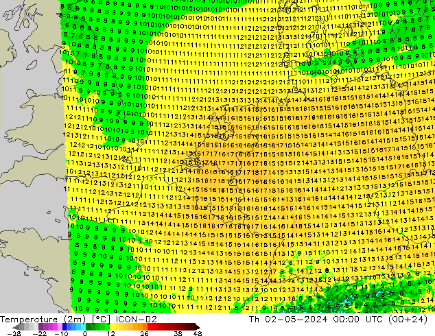 Temperatura (2m) ICON-D2 jue 02.05.2024 00 UTC