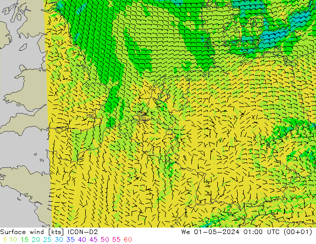 Rüzgar 10 m ICON-D2 Çar 01.05.2024 01 UTC