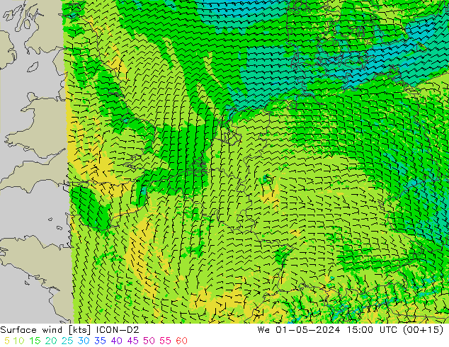 Vento 10 m ICON-D2 mer 01.05.2024 15 UTC