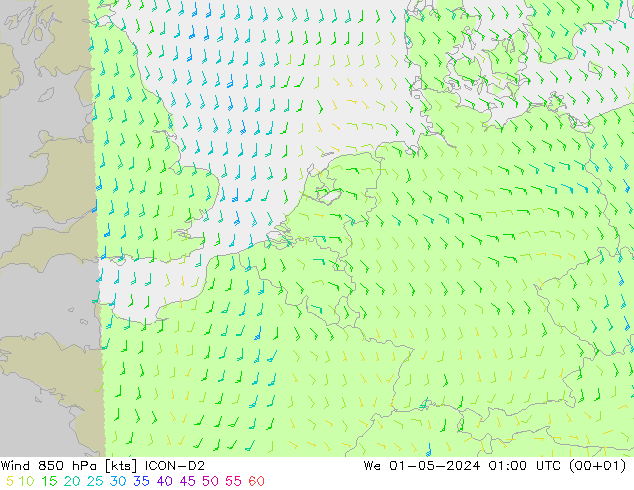 Wind 850 hPa ICON-D2 We 01.05.2024 01 UTC