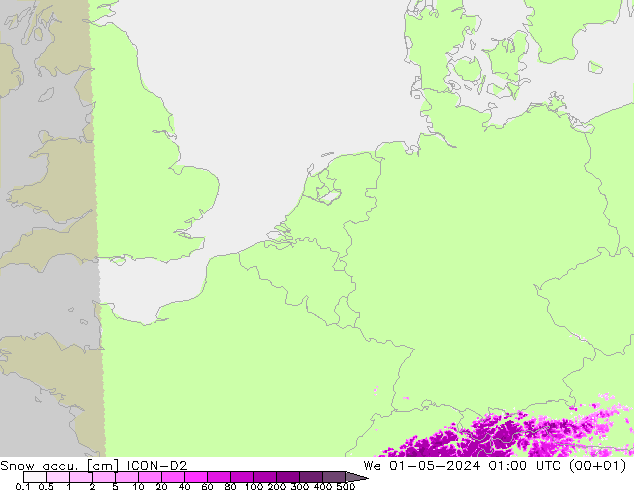 Snow accu. ICON-D2 Qua 01.05.2024 01 UTC