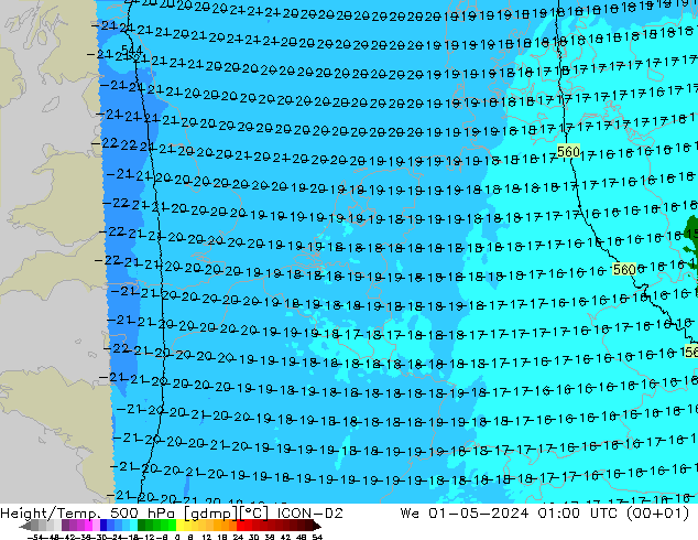 Height/Temp. 500 hPa ICON-D2 St 01.05.2024 01 UTC