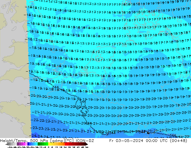 Height/Temp. 500 hPa ICON-D2 pt. 03.05.2024 00 UTC