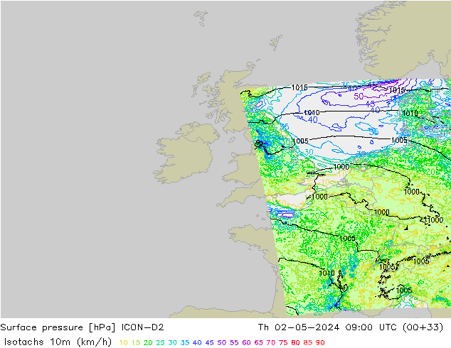 Isotachen (km/h) ICON-D2 do 02.05.2024 09 UTC