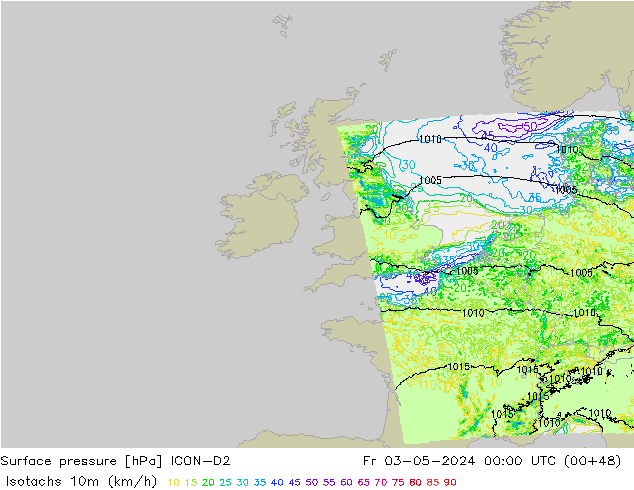 Isotachs (kph) ICON-D2 Sex 03.05.2024 00 UTC