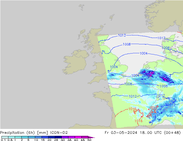 осадки (6h) ICON-D2 пт 03.05.2024 00 UTC