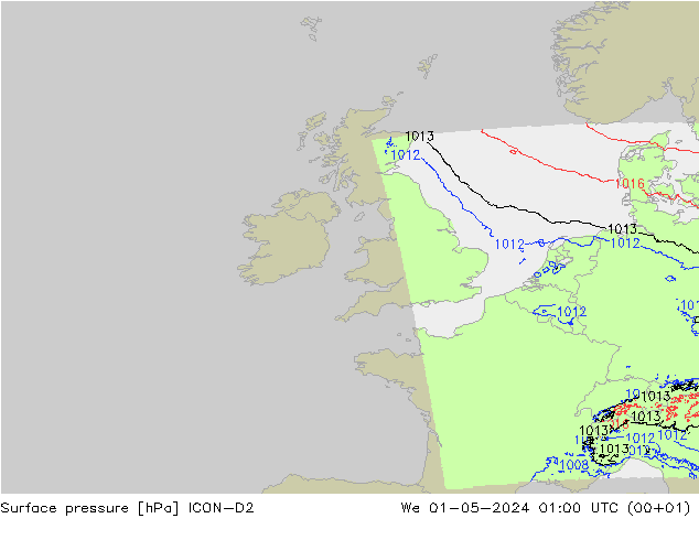 Surface pressure ICON-D2 We 01.05.2024 01 UTC