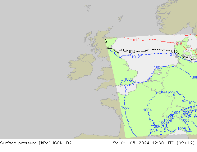 Surface pressure ICON-D2 We 01.05.2024 12 UTC