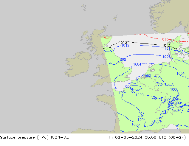 Surface pressure ICON-D2 Th 02.05.2024 00 UTC