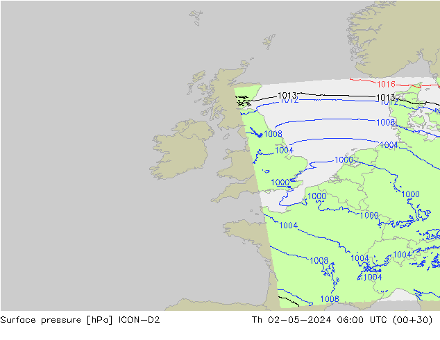 Surface pressure ICON-D2 Th 02.05.2024 06 UTC