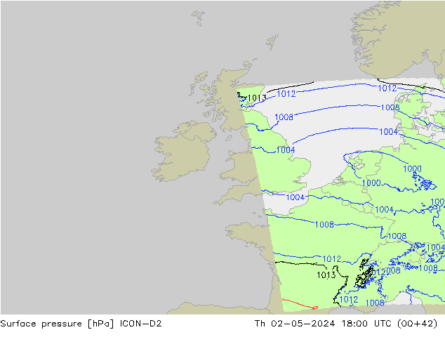 Pressione al suolo ICON-D2 gio 02.05.2024 18 UTC